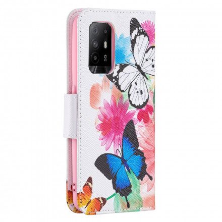 Folio-fodral För Oppo A94 5G Målade Fjärilar Och Blommor