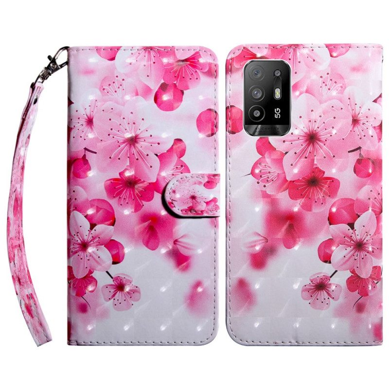 Folio-fodral För Oppo A94 5G Rosa Blommor Med Snodd