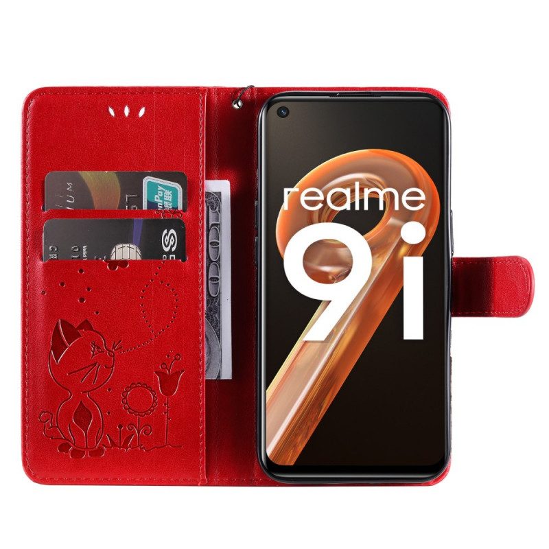 Folio-fodral För Realme 9i Med Kedjar Stringkatt Och Fjäril