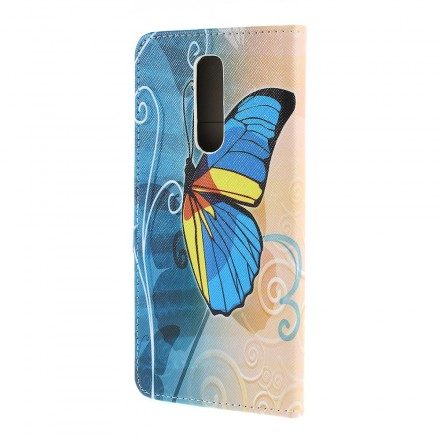 Läderfodral För Sony Xperia 1 Blå Och Gula Fjärilar