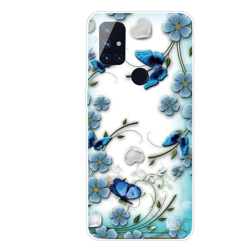 Skal För OnePlus Nord N10 Transparenta Retrofjärilar Och Blommor