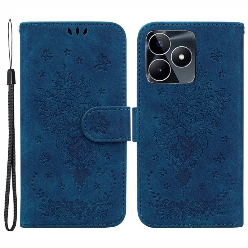 Fodral För Realme C53 Ros- Och Fjärilsmönster