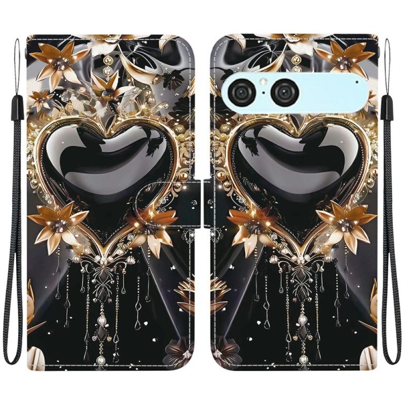 Fodral För Sony Xperia 10 Vii Svart Och Guld Hjärta