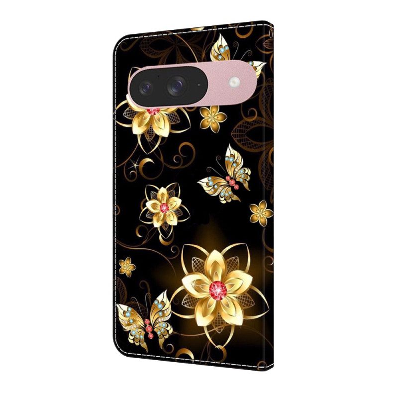 Läderfodral Google Pixel 10 / 10 Pro Telefonfodral Gyllene Blommor Och Fjärilar