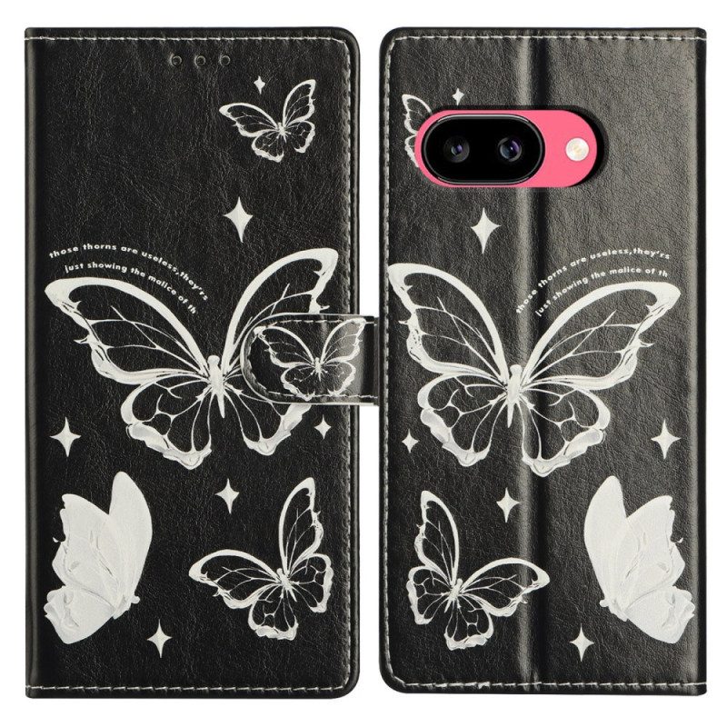 Läderfodral Google Pixel 10a Telefonfodral Svarta Och Vita Fjärilar