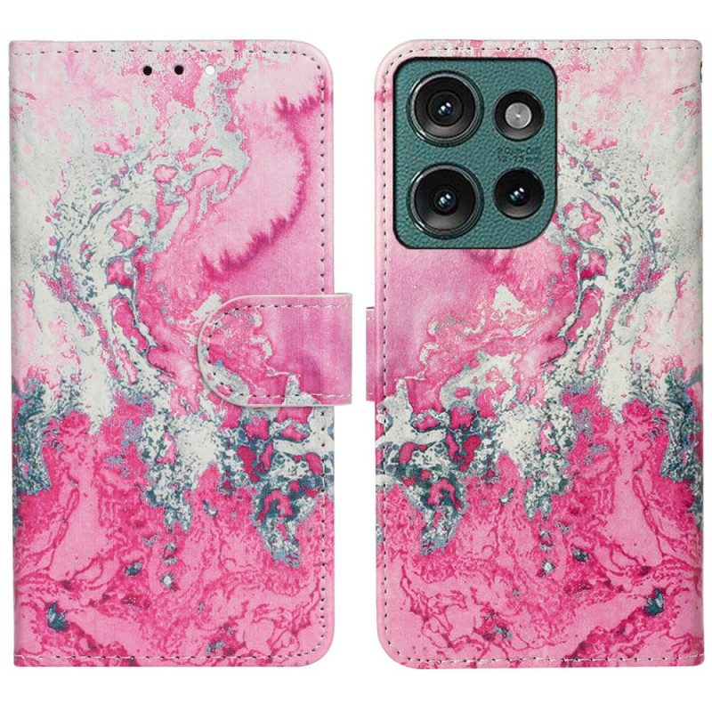 Läderfodral Motorola Edge 50 Telefonfodral Rosa Marmormönster
