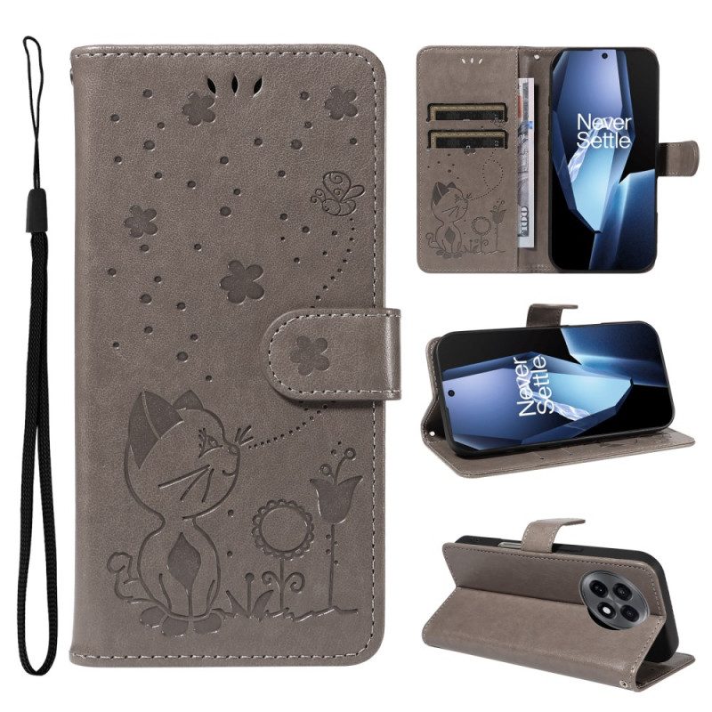 Läderfodral Oneplus 13r Telefonfodral Katt Och Bi