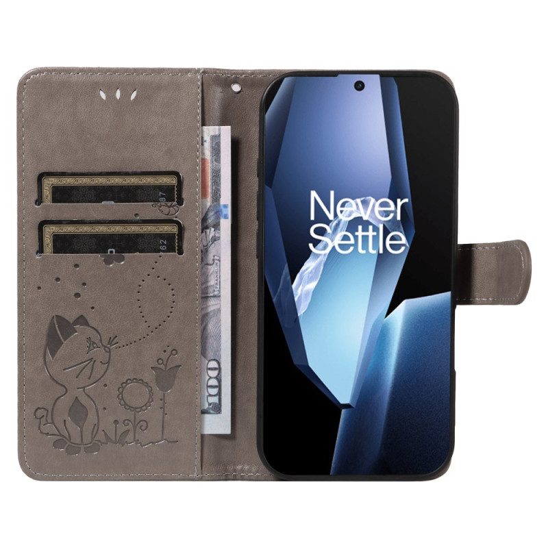 Läderfodral Oneplus 13r Telefonfodral Katt Och Bi