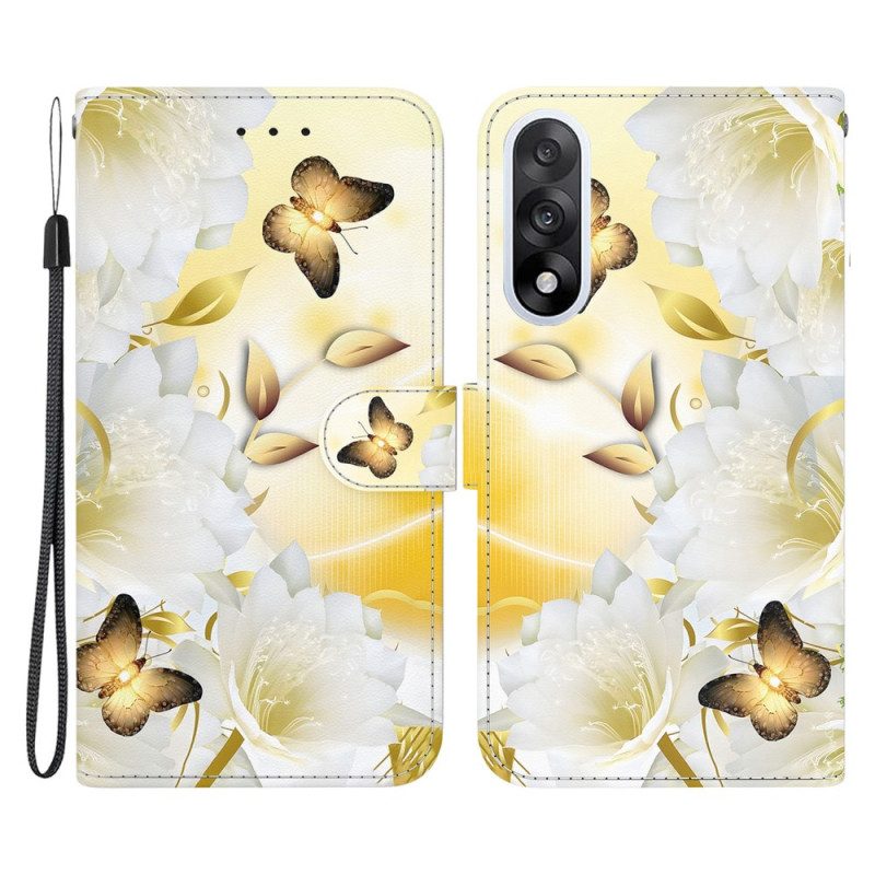 Läderfodral Oneplus Nord 5 Telefonfodral Gyllene Fjärilar Och Vita Blommor