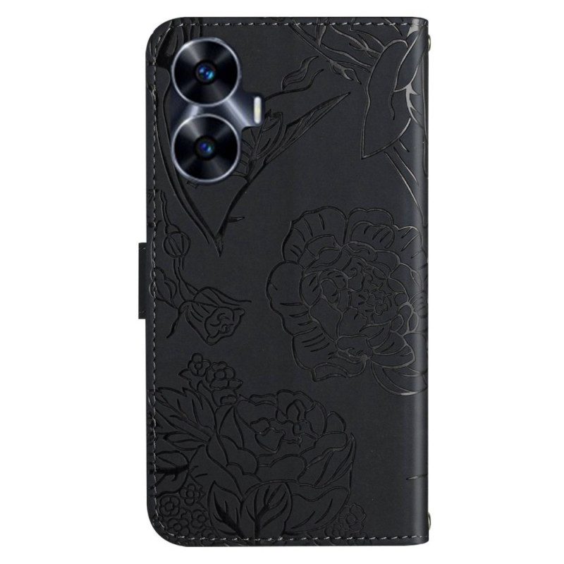 Läderfodral Realme C55 Telefonfodral Axelrem Med Fjärilstryck