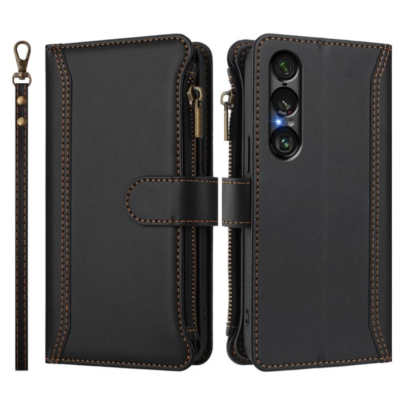 Läderfodral Sony Xperia 1 Vii Telefonfodral Plånbok Med 9 Kortfack Och Rem