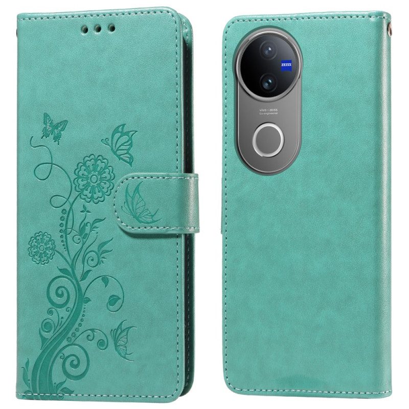 Läderfodral Vivo V50 5g Telefonfodral Blommigt Fjärilsmönster
