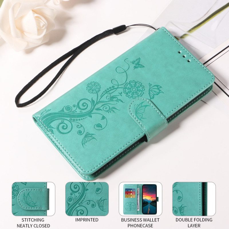 Läderfodral Vivo V50 5g Telefonfodral Blommigt Fjärilsmönster