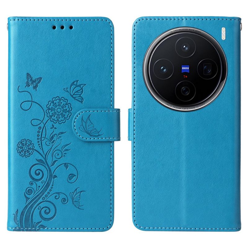 Läderfodral Vivo X200 Telefonfodral Blommigt Fjärilsmönster