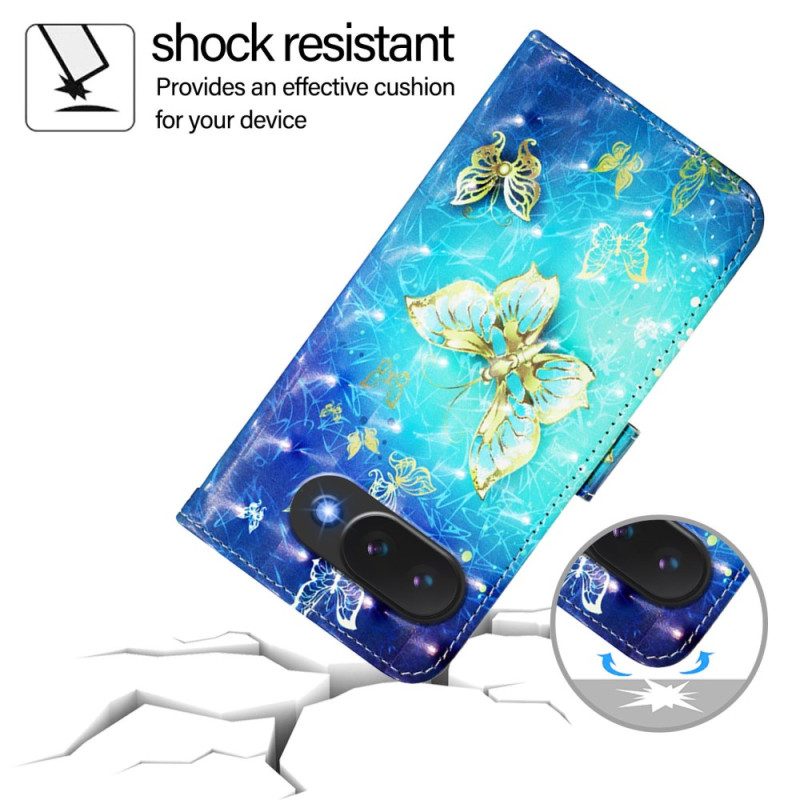 Läderskal Fodral Google Pixel 10a Gyllene Fjärilar