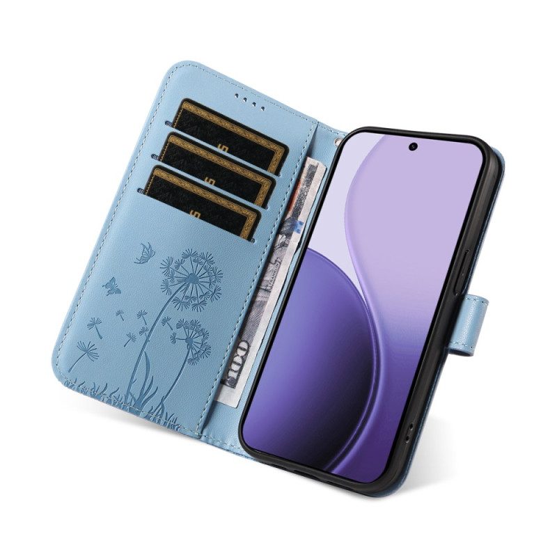 Läderskal Fodral Oppo Reno 14 5g Maskrosor Med Rem