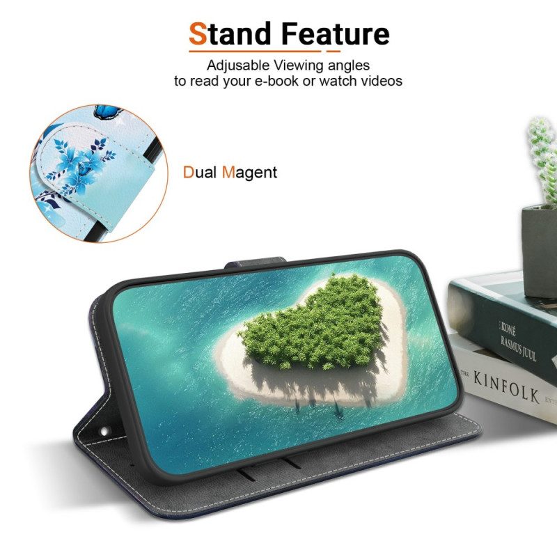 Läderskal Fodral Realme 14 5g Blå Fjärilar