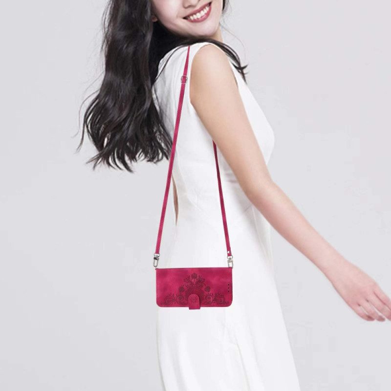 Läderskal Fodral Realme 14 Pro Plus 5g Spetsmockeffekt Med Rem Och Axelrem