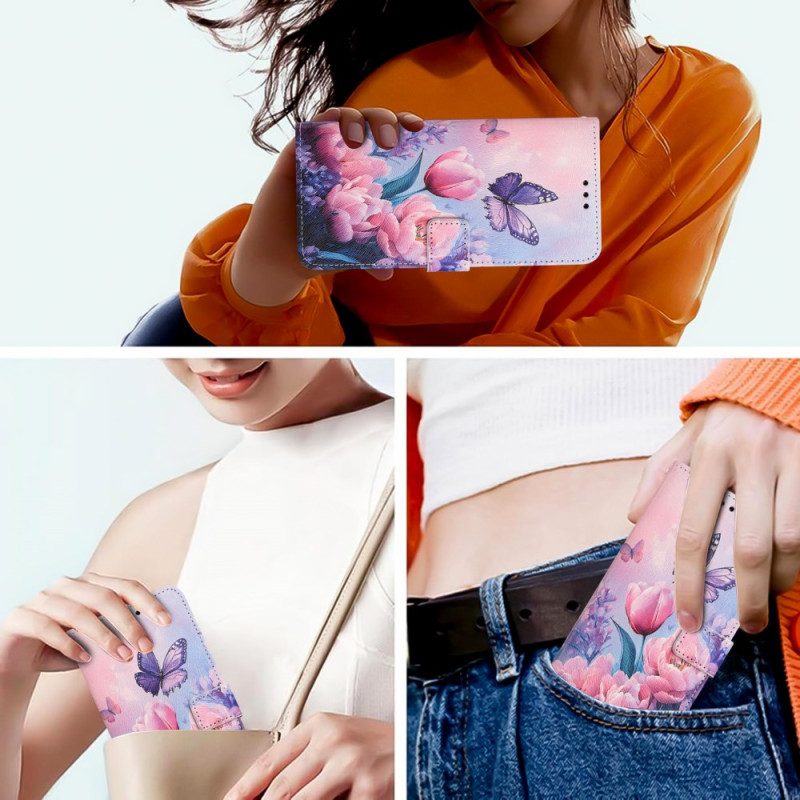 Läderskal Fodral Sony Xperia 10 Vii Rosa Blommönster