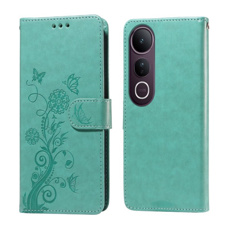Läderskal Fodral Vivo V50 Lite 5g Blommigt Fjärilsmönster