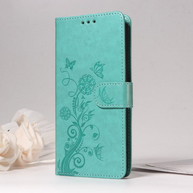 Läderskal Fodral Vivo V50 Lite 5g Blommigt Fjärilsmönster