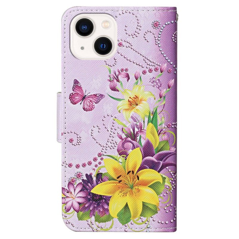 Fodral iPhone 15 Med Kedjar Fjärilar Och Blommor Med Rem