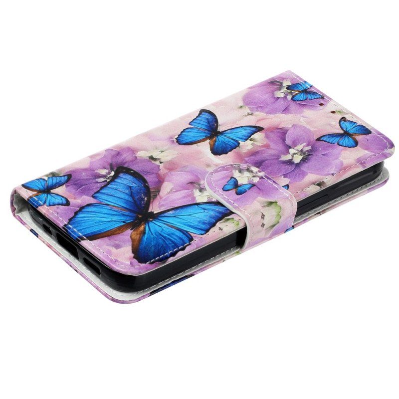 Fodral iPhone 15 Med Kedjar Små Blå Fjärilar Med Rem