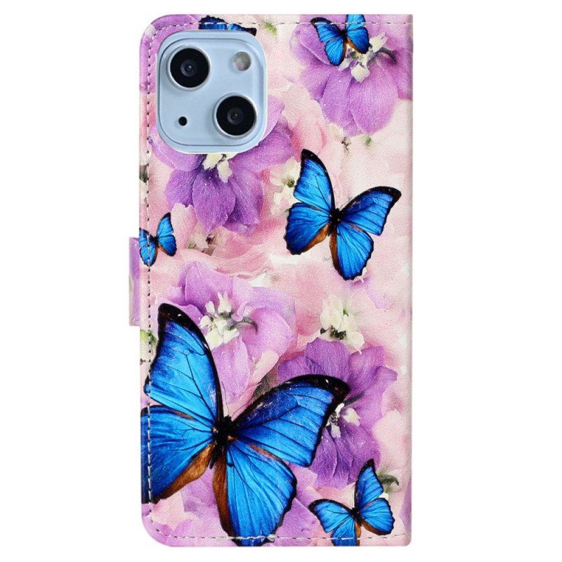 Fodral iPhone 15 Plus Med Kedjar Små Blå Fjärilar Med Rem