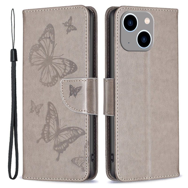 Fodral iPhone 15 Plus Med Kedjar Tryckta Fjärilar Med Rem
