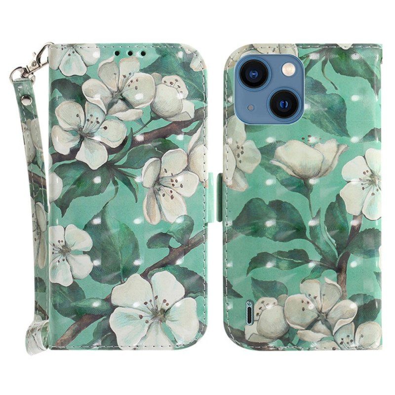 Fodral iPhone 15 Plus Med Kedjar Vita Blommor Med Rem