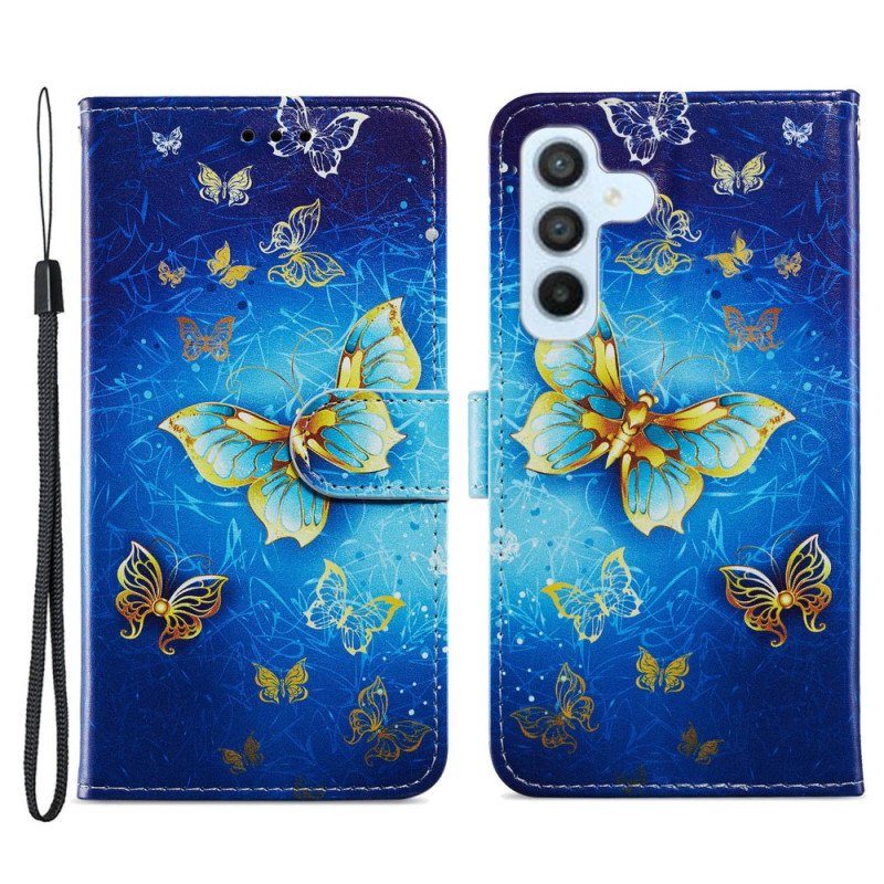 Fodral Samsung Galaxy A54 5G Med Kedjar Gyllene Fjärilar Med Rem