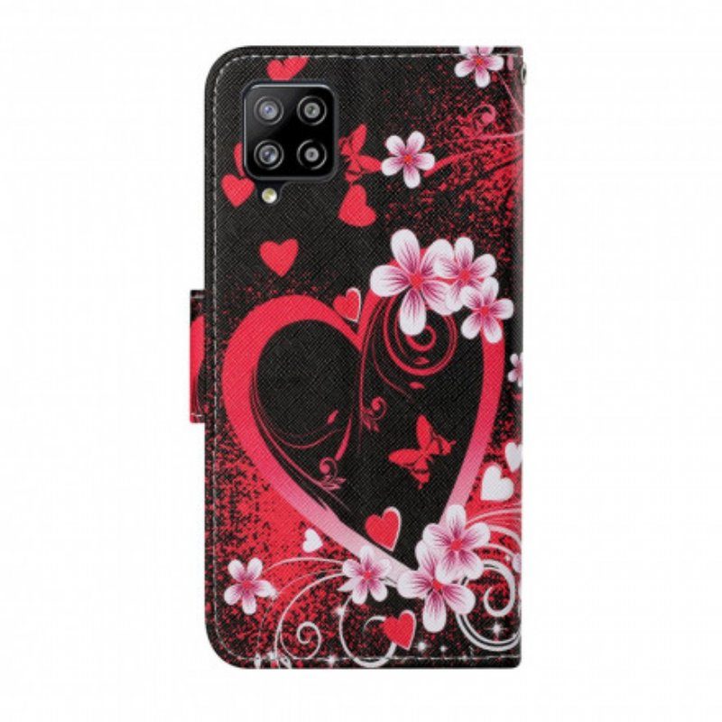 Fodral Samsung Galaxy M12 / A12 Blommor Och Hjärtan Med Snodd