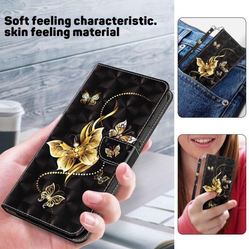 Fodral Samsung Galaxy S23 5G Med Kedjar Guldband För Fjärilar