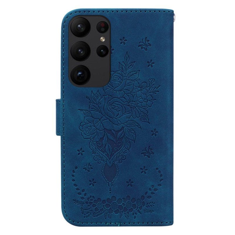 Fodral Samsung Galaxy S23 Ultra 5G Med Kedjar Strappy Rosor Och Fjärilar