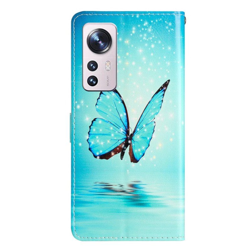 Fodral Xiaomi 12 Lite Med Kedjar Blå Fjärilar Med Rem