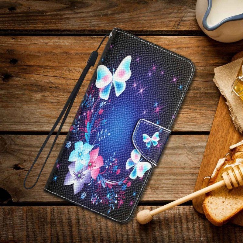 Fodral Xiaomi 12T / 12T Pro Självlysande Fjärilar Med Snörband