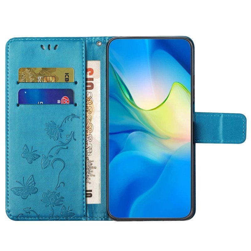 Fodral Xiaomi Redmi Note 12 4G Med Kedjar Blommor Och Fjärilar Med Rem