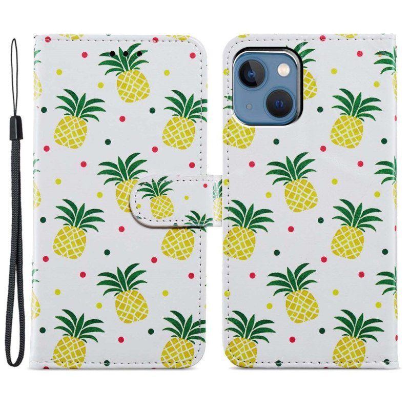 Folio-fodral iPhone 15 Plus Med Kedjar Ananas Med Rem