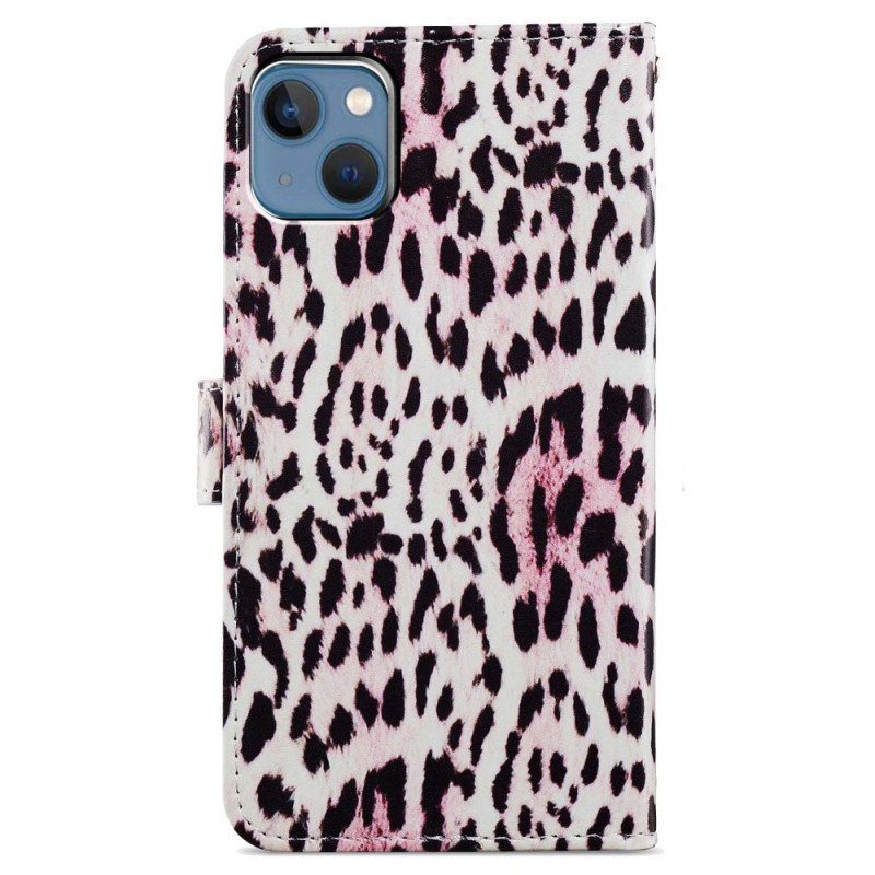 Folio-fodral iPhone 15 Plus Med Kedjar Leopardhudeffekt Med Rem
