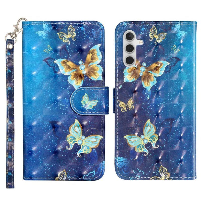 Folio-fodral Samsung Galaxy A14 / A14 5G Med Kedjar Gyllene Fjärilar Med Rem
