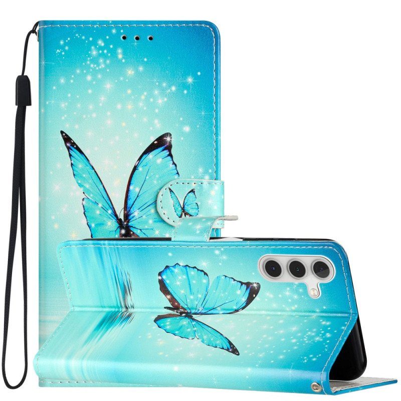 Folio-fodral Samsung Galaxy A54 5G Med Kedjar Blå Fjäril Med Rem