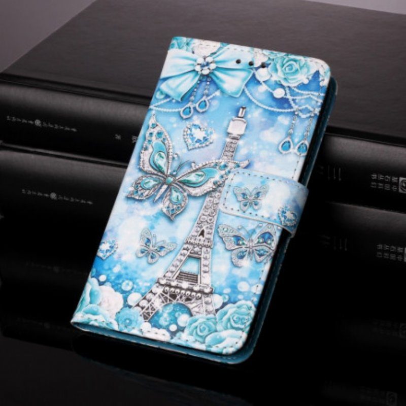 Folio-fodral Samsung Galaxy M12 / A12 Med Kedjar Eiffeltornet Fjärilsrem