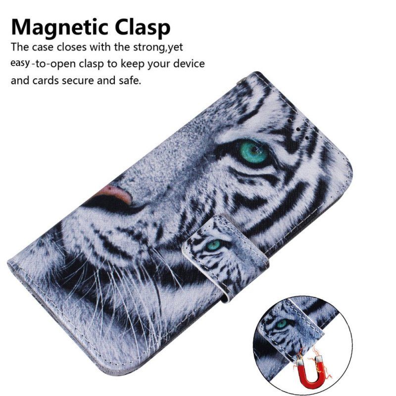 Folio-fodral Samsung Galaxy M13 Med Kedjar Strappy White Tiger