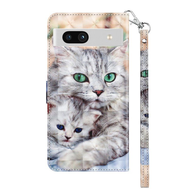 Läderfodral Google Pixel 7A Med Kedjar Strappy Cat Family