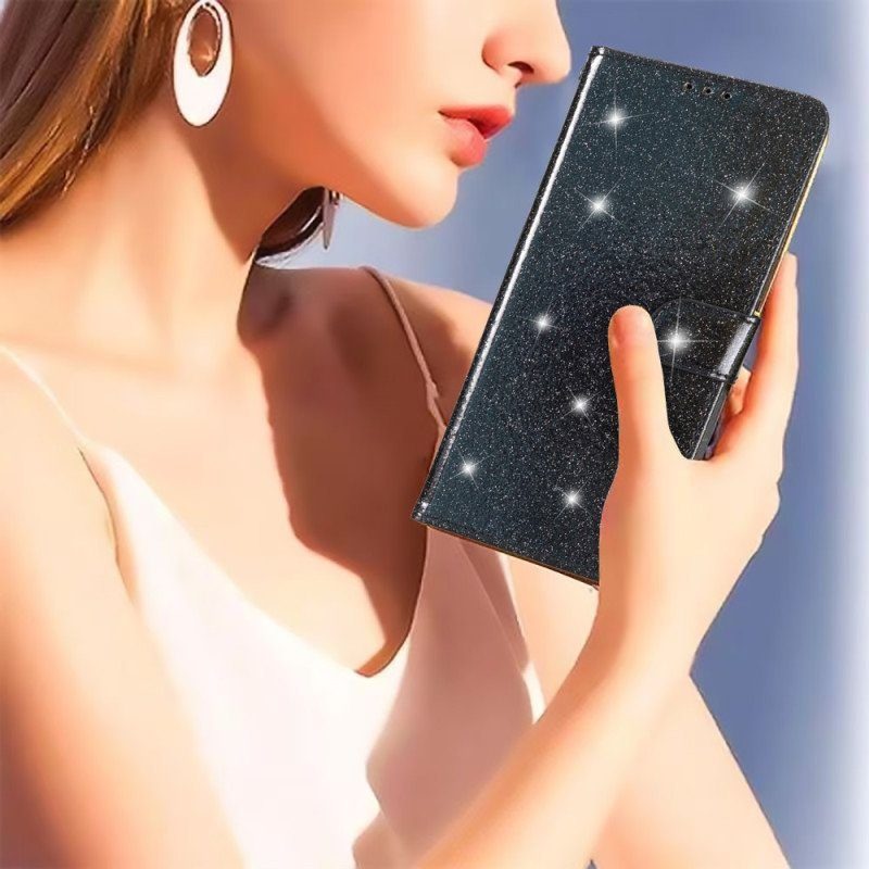 Läderfodral iPhone 15 Plus Med Kedjar Glittereffekt Med Rem