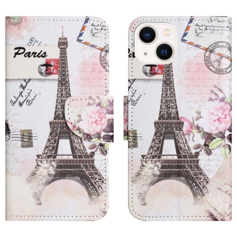 Läderfodral iPhone 15 Plus Vintage Eiffeltorn