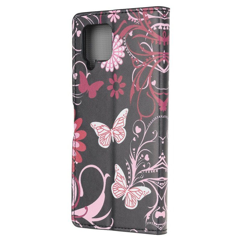 Läderfodral Samsung Galaxy M12 / A12 Fjärilar Och Blommor