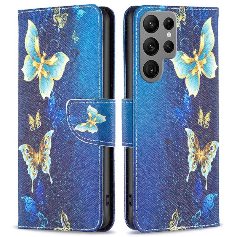 Läderfodral Samsung Galaxy S23 Ultra 5G Gyllene Fjärilar