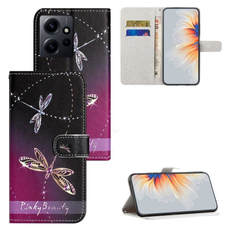 Läderfodral Xiaomi Redmi Note 12 4G Med Kedjar Strappy Dragonflies