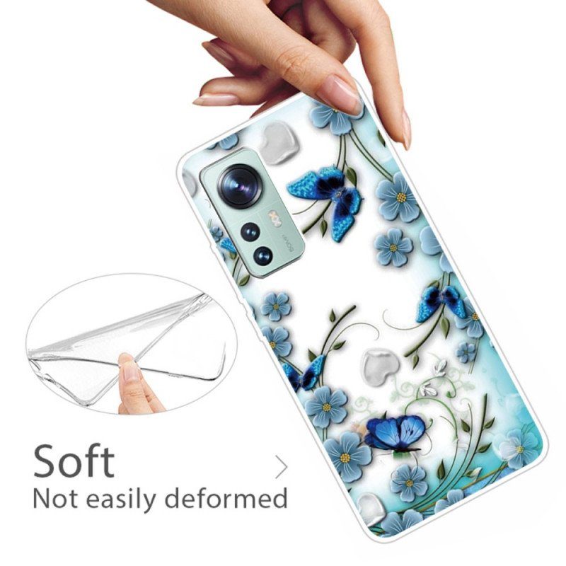 Mobilskal Xiaomi 12 / 12X Blå Blommor Och Fjärilar